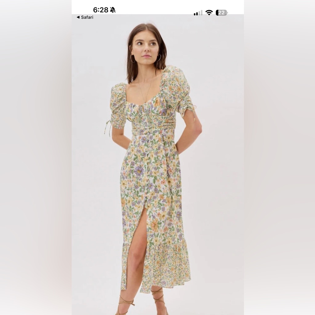 For Love And Lemons Riley Floral Midi Dress With Puff Sleeves